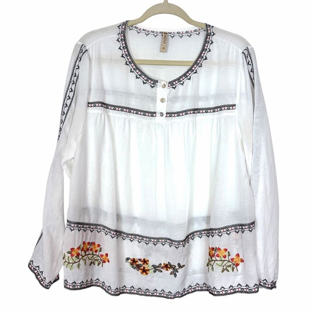 XCVI Blouse Top Womens XL White Peasant Embroidered Floral Peasant Long Sleeve